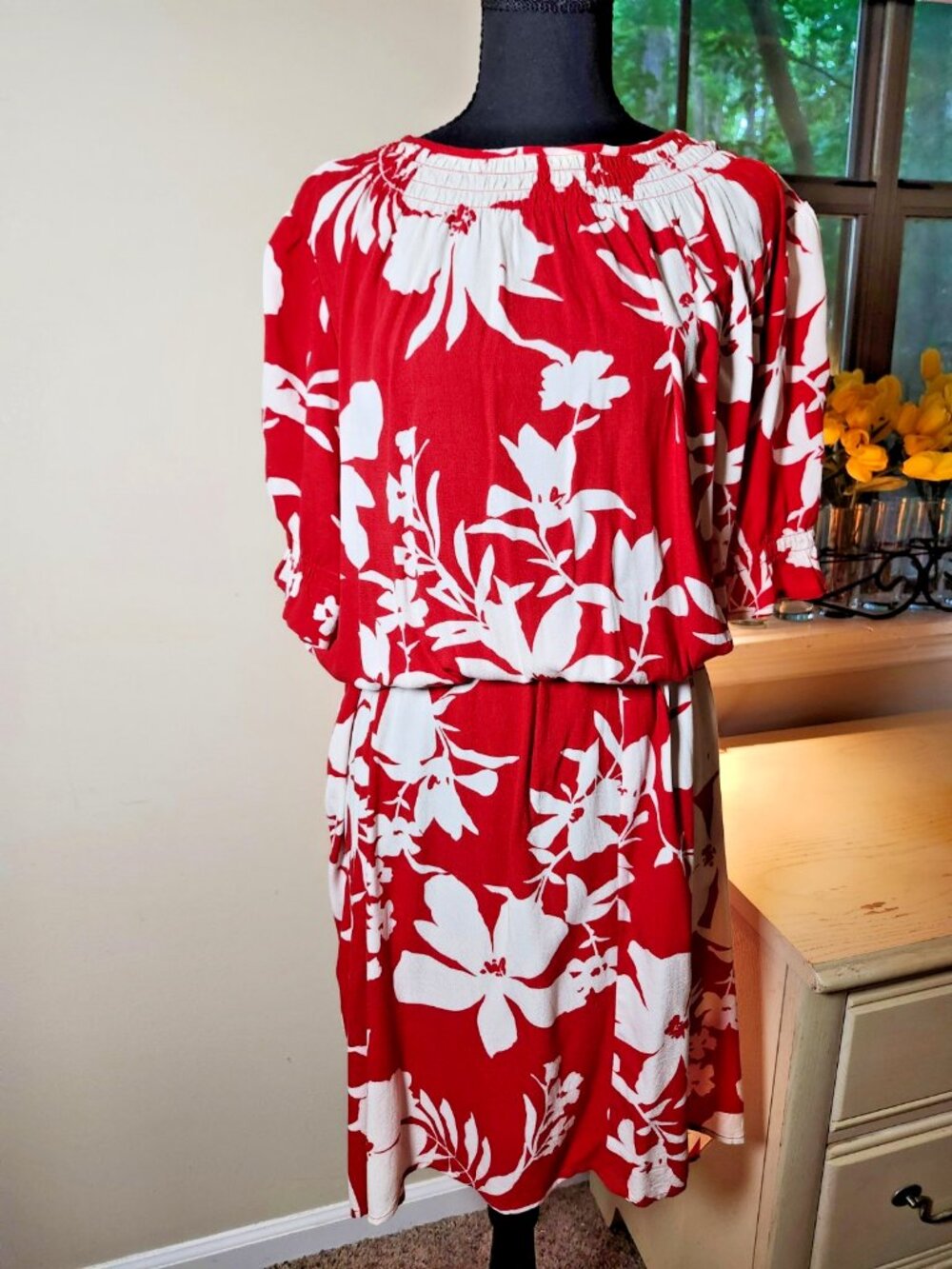 Ava Viv 2X Tomato Red Palm Floral Dress Coastal Summer Nautical Resort Vacation